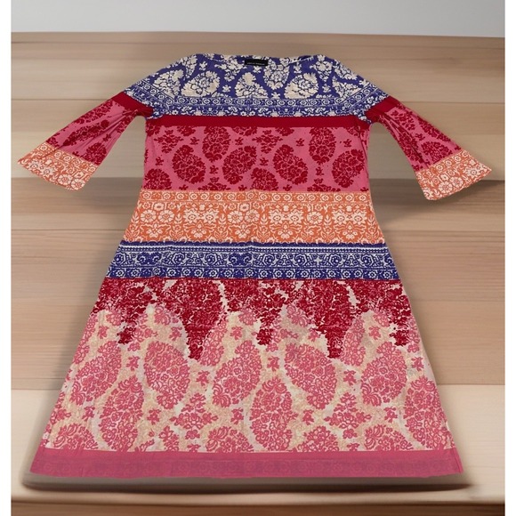 Donna Morgan Shift Dress Sz 14 Pink Red Floral Paisley Poly Stretch Comfort - Picture 1 of 9